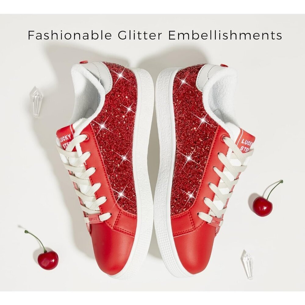 Women's Red Fashion Star Sneaker Lace Up Low Top Comfortable Cushioned Shoes - Picture 2 of 9
